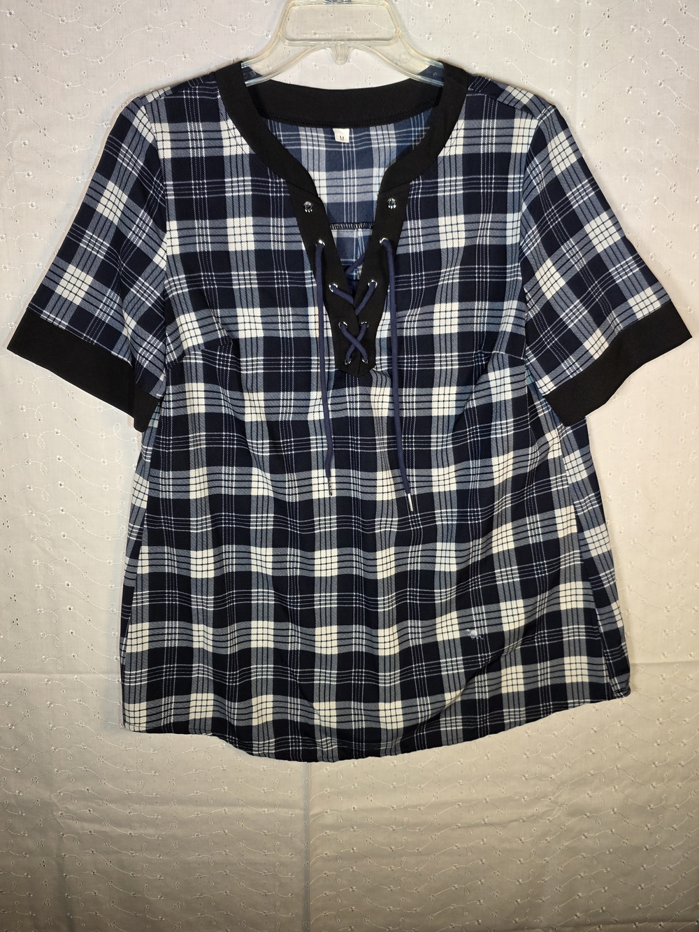 Navy Plaid Lace-Up Short Sleeve Top